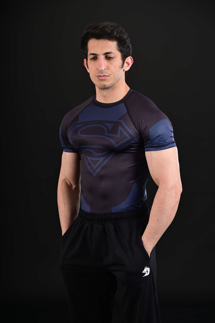 Athletic blue superhero gym compression shirt modern activewear