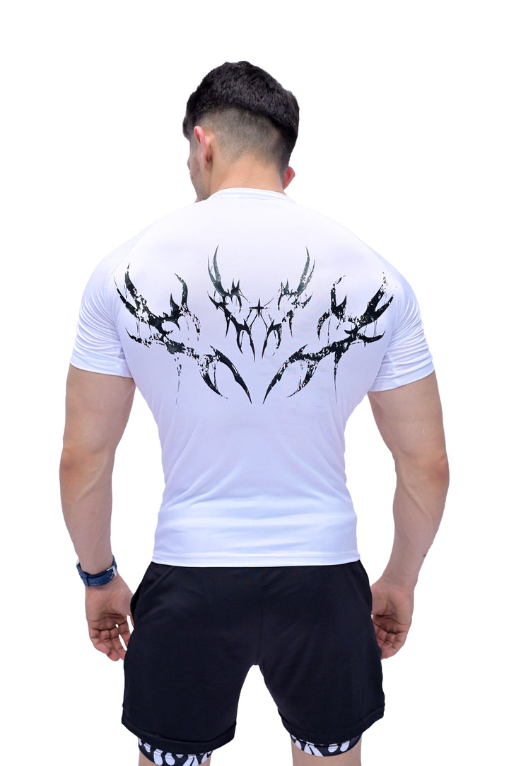 Darczila Lord of Death white compression t-shirt for premium activewear and gym wear.