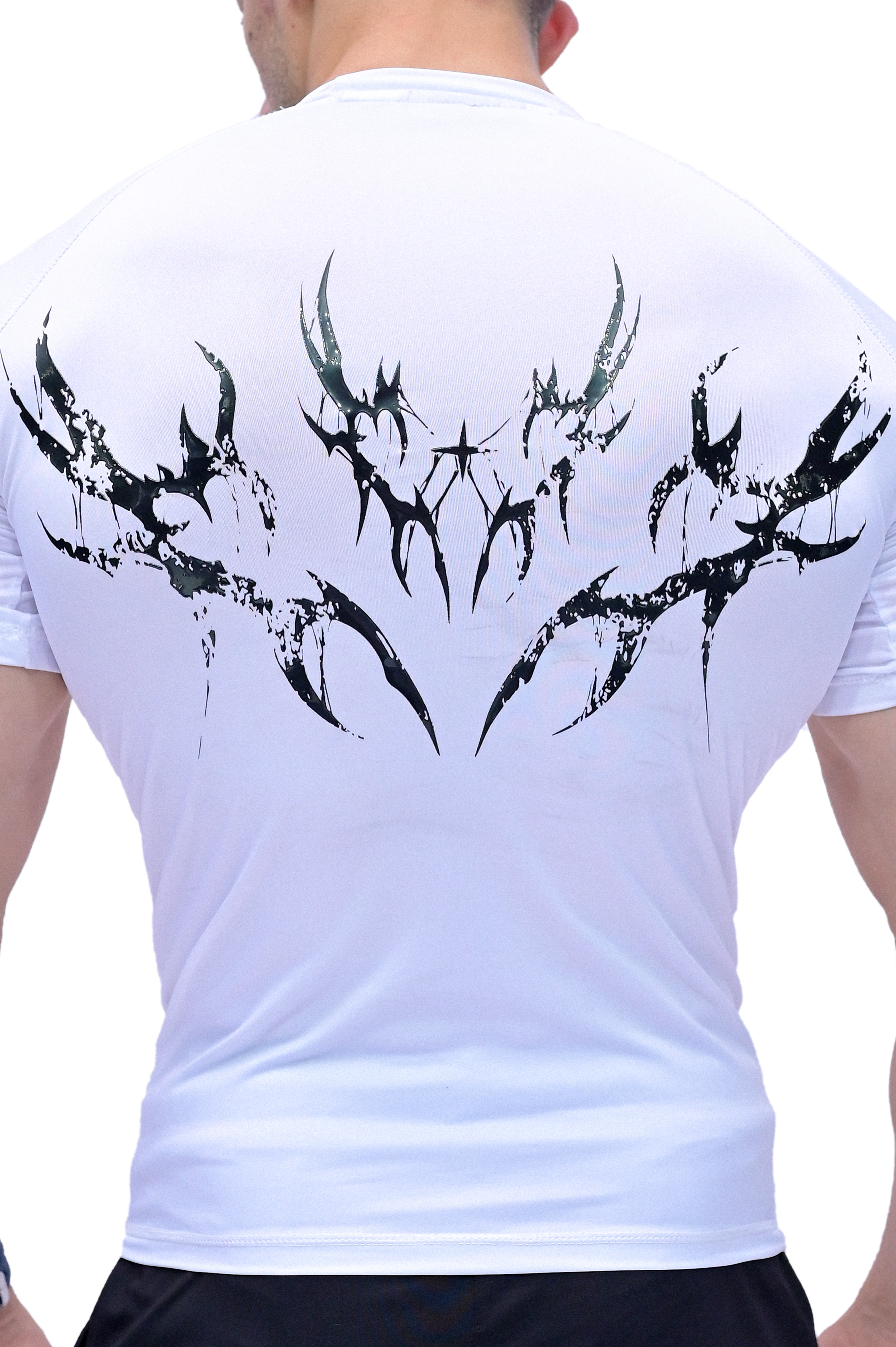 Darczila Lord of Death white compression t-shirt designed for elite sportswear and gym wear performance.