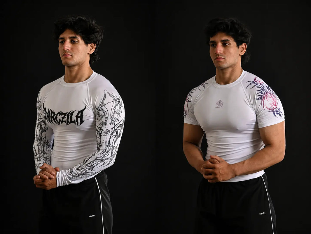 Two individuals wearing white compression shirts with different designs on a black background