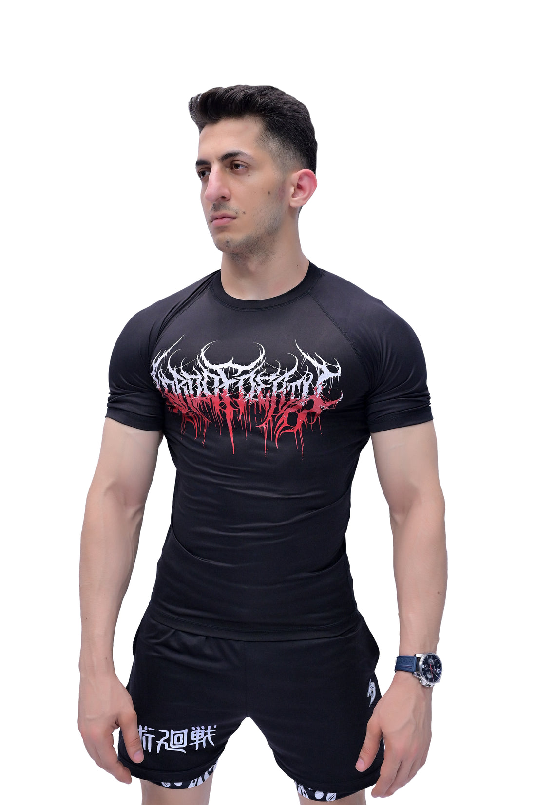 Black compression tee by Darczila designed for intense workouts and fitness training.