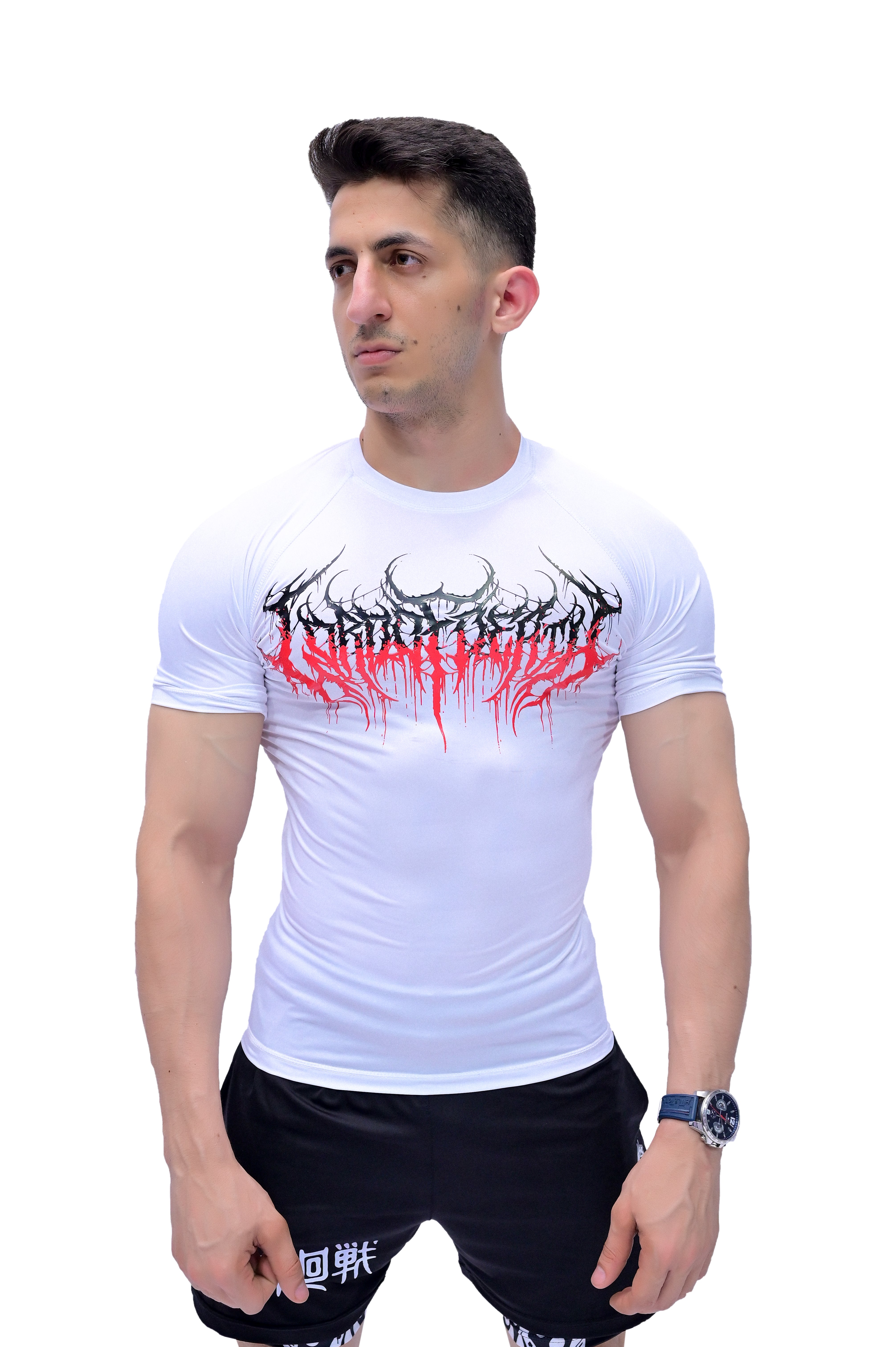 White compression tee by Darczila designed for sportswear and high-performance training.