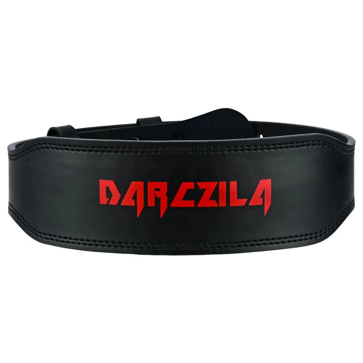 Professional black leather lifting belt with red Darczila logo for gym support)