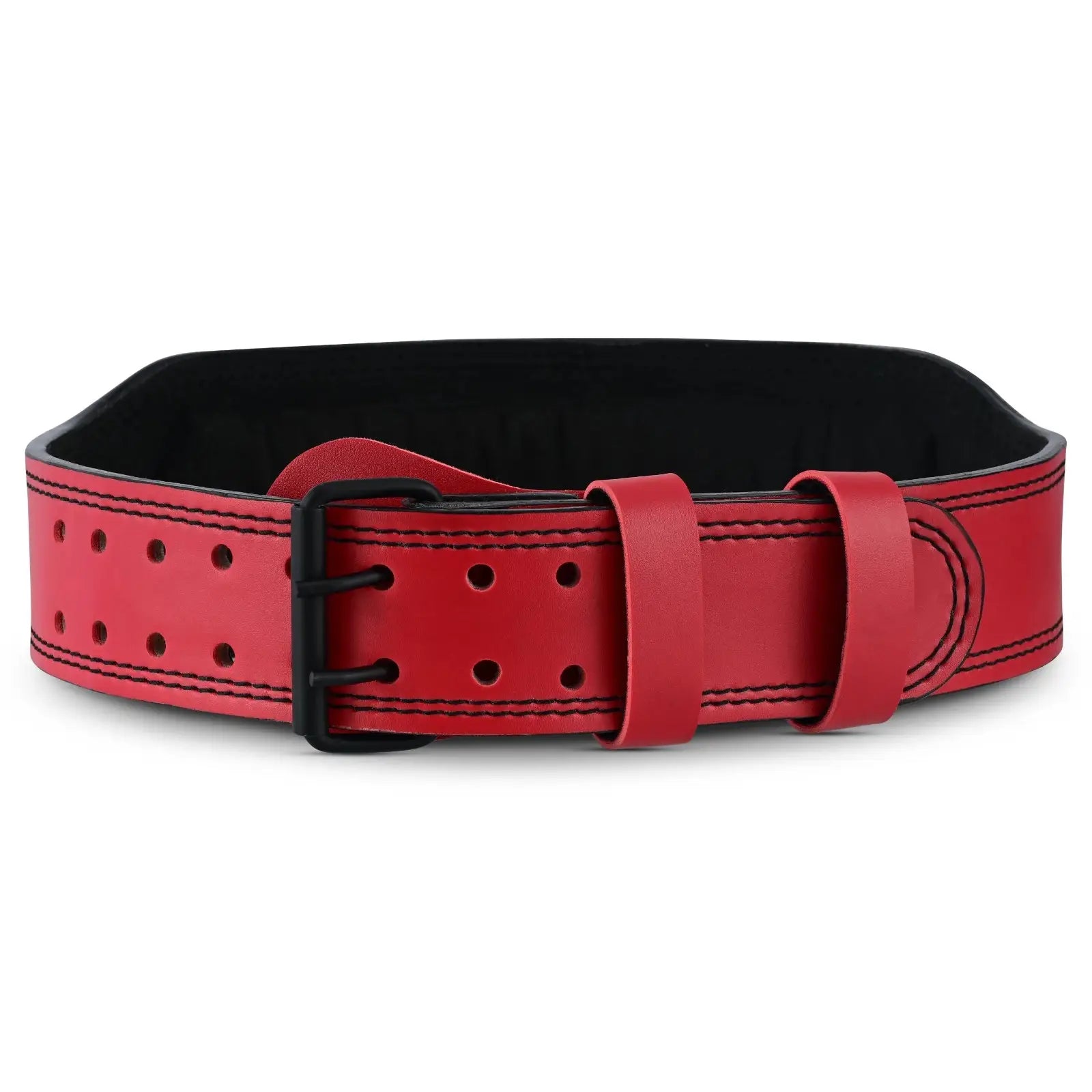 Stainless steel dual-prong buckle on red weightlifting belt)