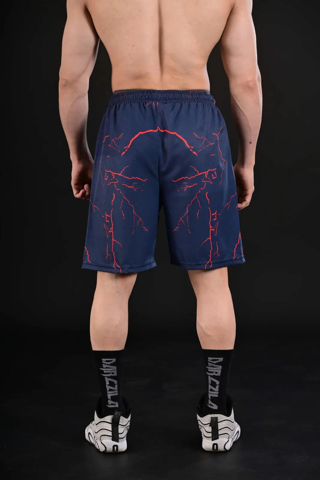 Men's Red Lightning Workout Shorts in Navy Blue