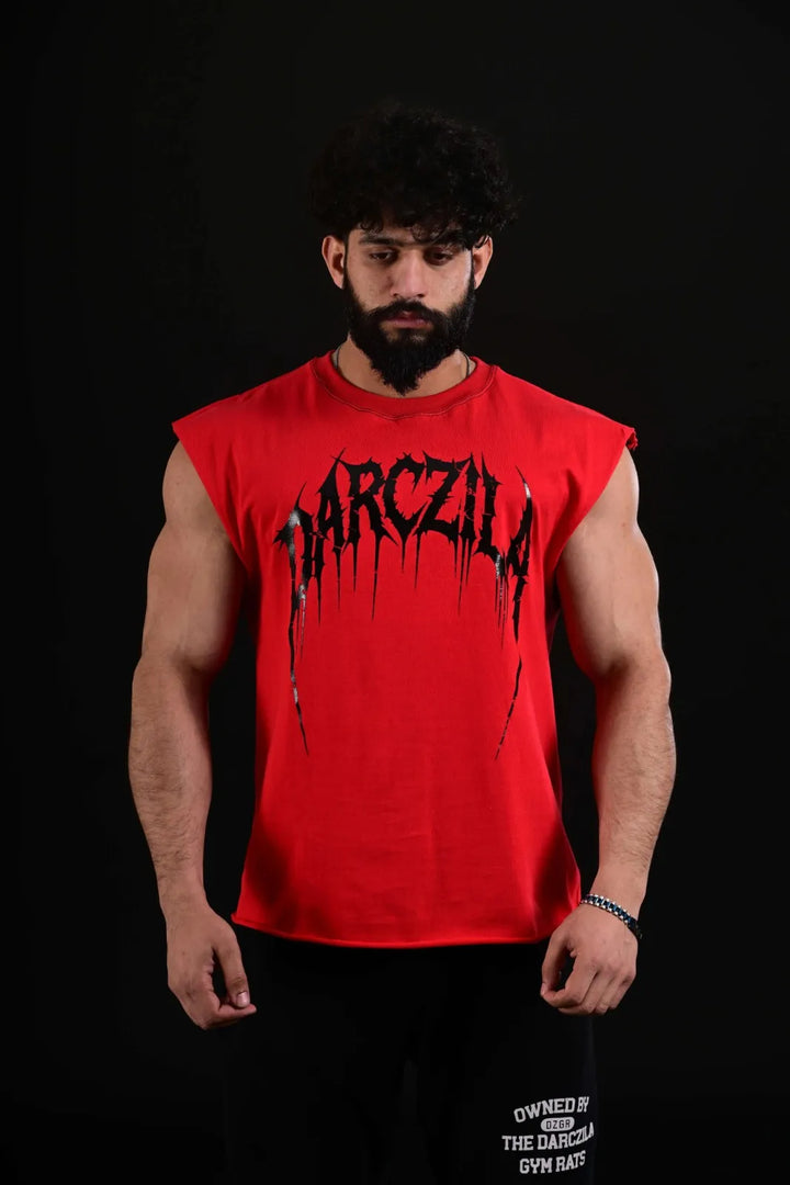 Back View of Red Gym Vest with Gothic Graphic Design