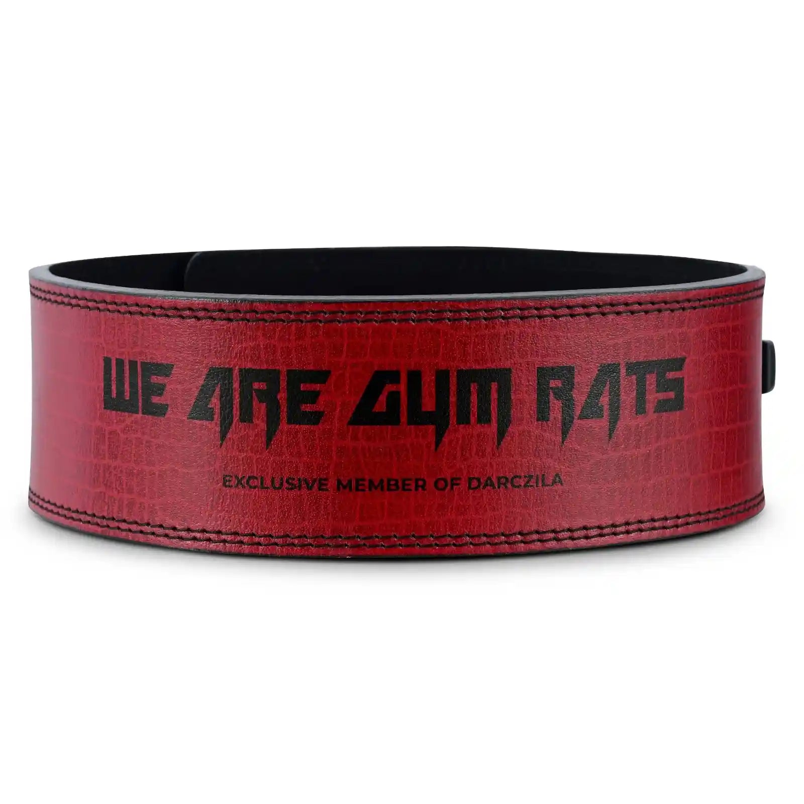 Darczila Signature Red Leather Lever Belt with Gym Rats branding for powerlifting