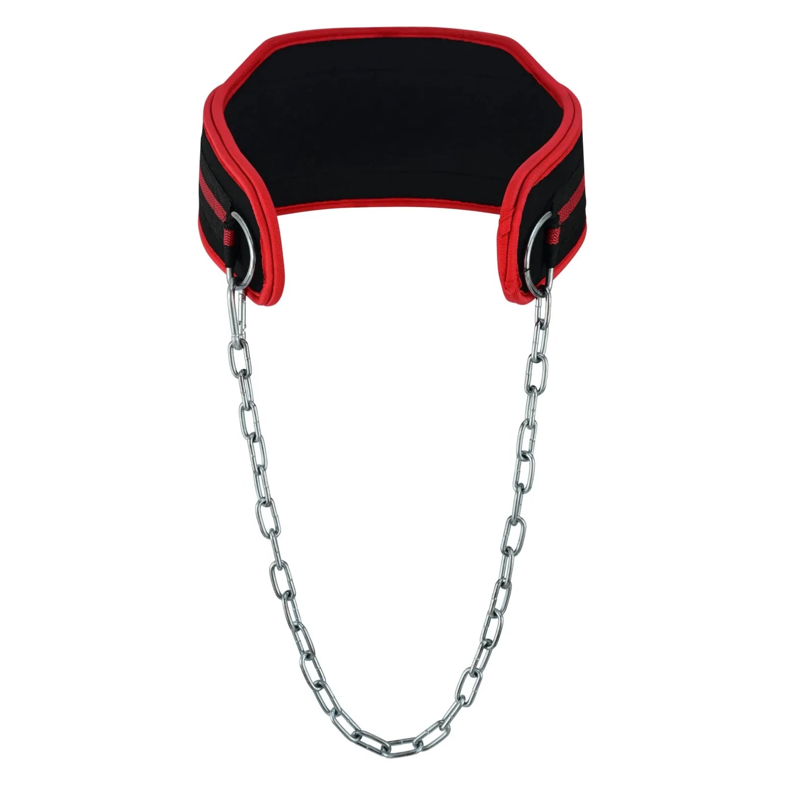 High-tensile steel chain and carabiner detail on weighted dip belt)
