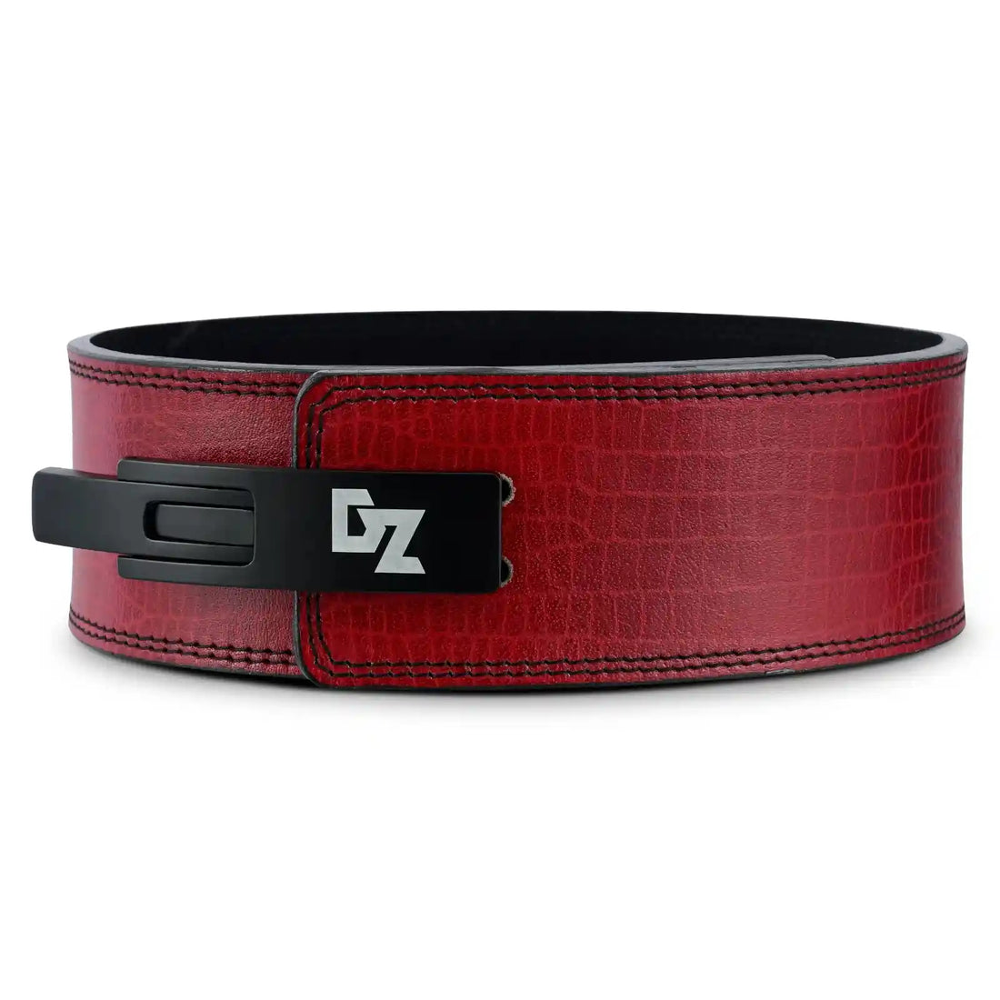 Durable steel lever action buckle on red weightlifting belt