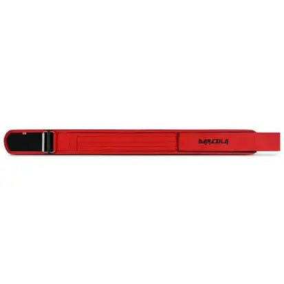 Red nylon weightlifting belt providing core stability for heavy squats)